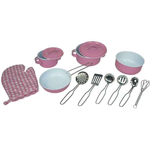 Kinder -Pannenset roze tin / metaal 13-delig - Pannenset voor keukentje