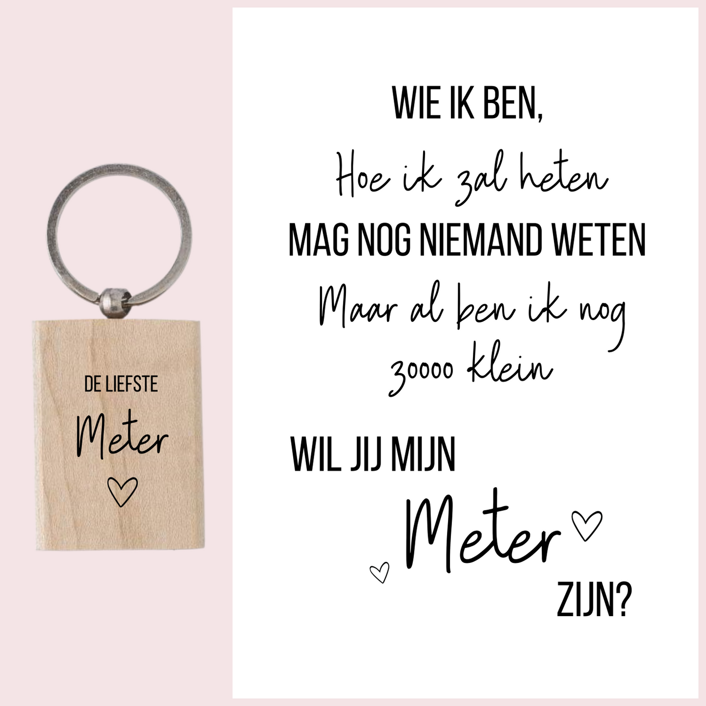 Meter vraagje - Houten gegraveerde meter sleutelhanger + kaartje