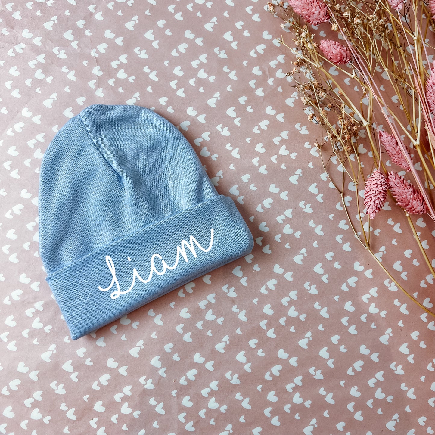 Geboortemutsje met naam - soft blue