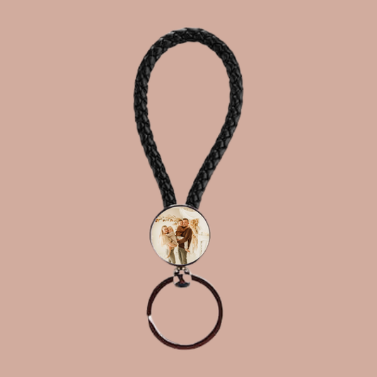 Gevlochten Cirkel Sleutelhanger met Eigen Foto – zwart