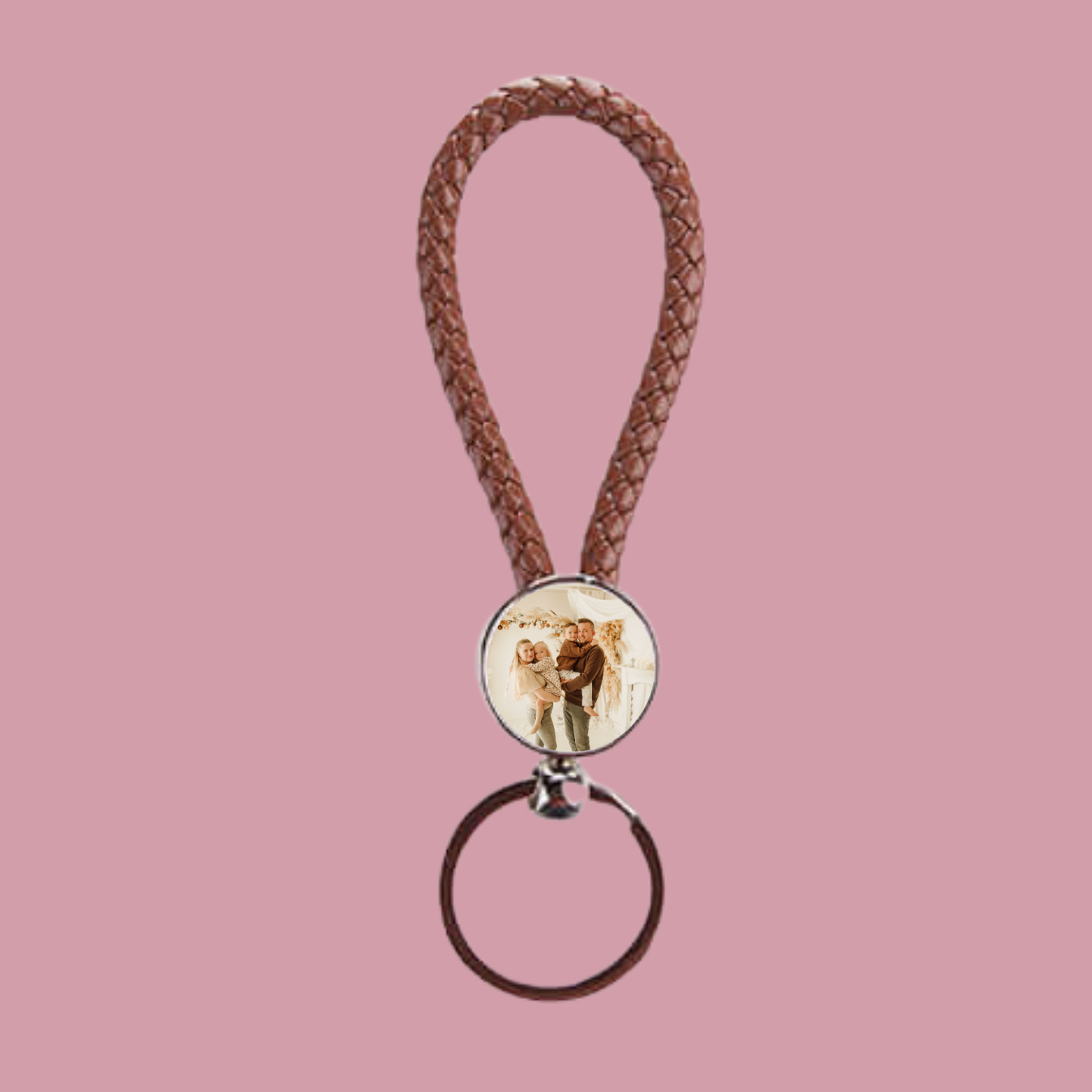 Gevlochten Cirkel Sleutelhanger met Eigen Foto – Bruin