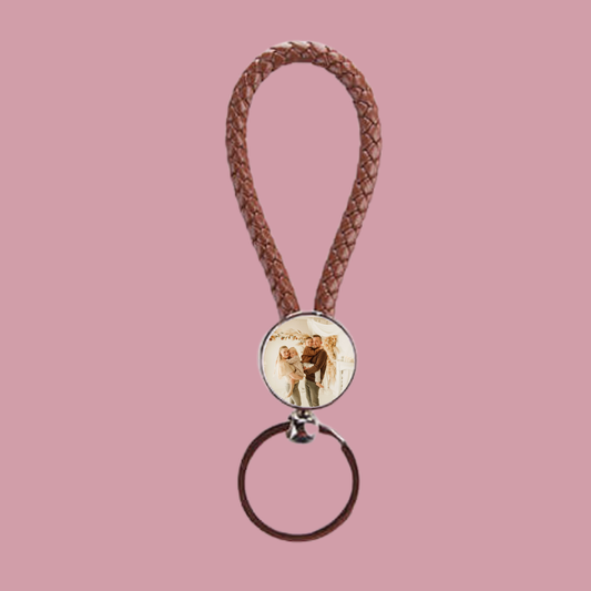 Gevlochten Cirkel Sleutelhanger met Eigen Foto – Bruin