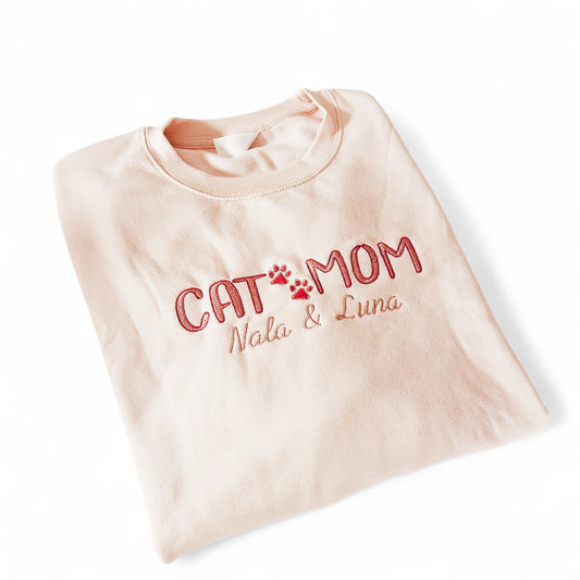 Cat Mom trui – Gepersonaliseerd & Geborduurd met de Namen van Jouw Katten