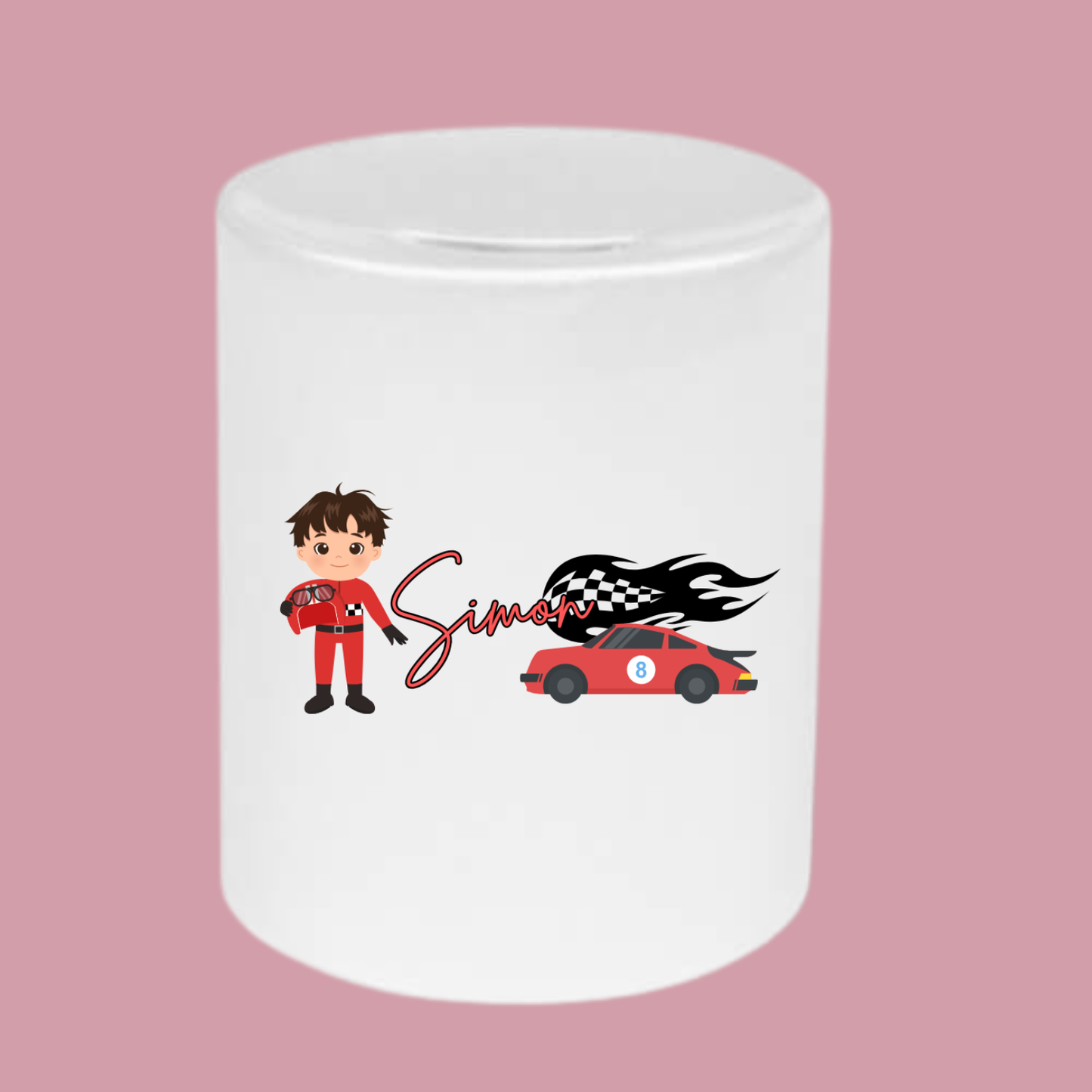 Keramieke spaarpot met naam - raceauto
