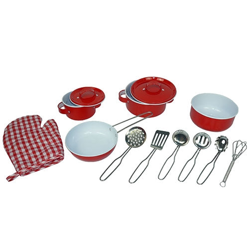 Kinder -Pannenset rood tin / metaal 13-delig - Pannenset voor keukentje