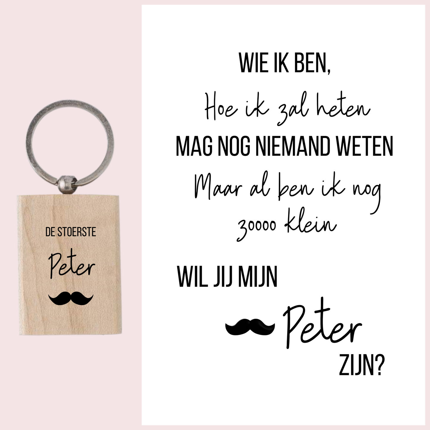 Peter vraagje - Houten gegraveerde meter sleutelhanger + kaartje