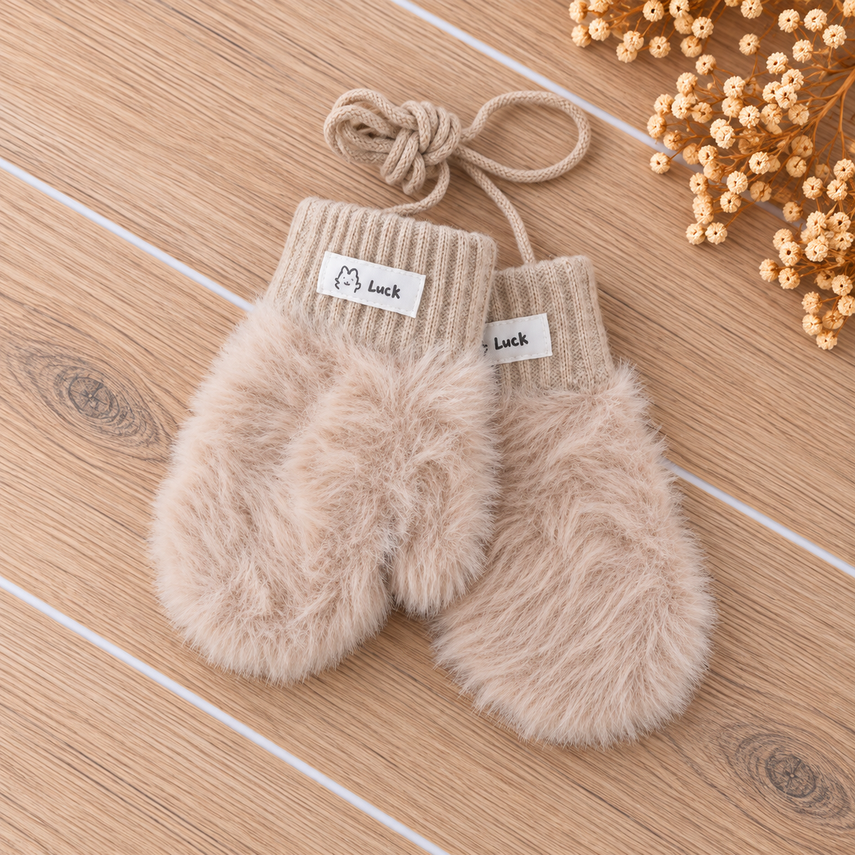 kinder handschoenen met touwtjes - fluffy beige