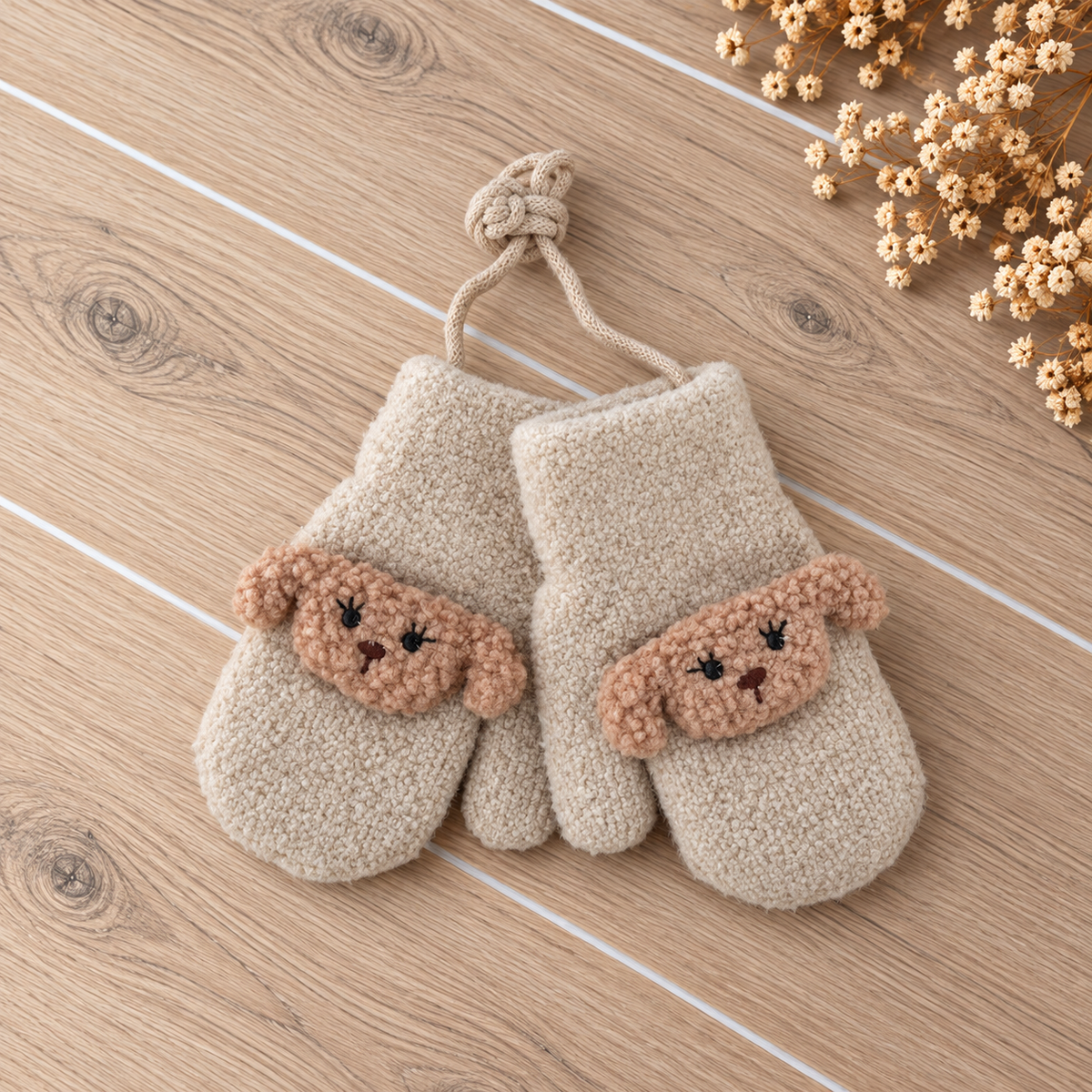 kinder handschoenen met touwtjes - beige hondje