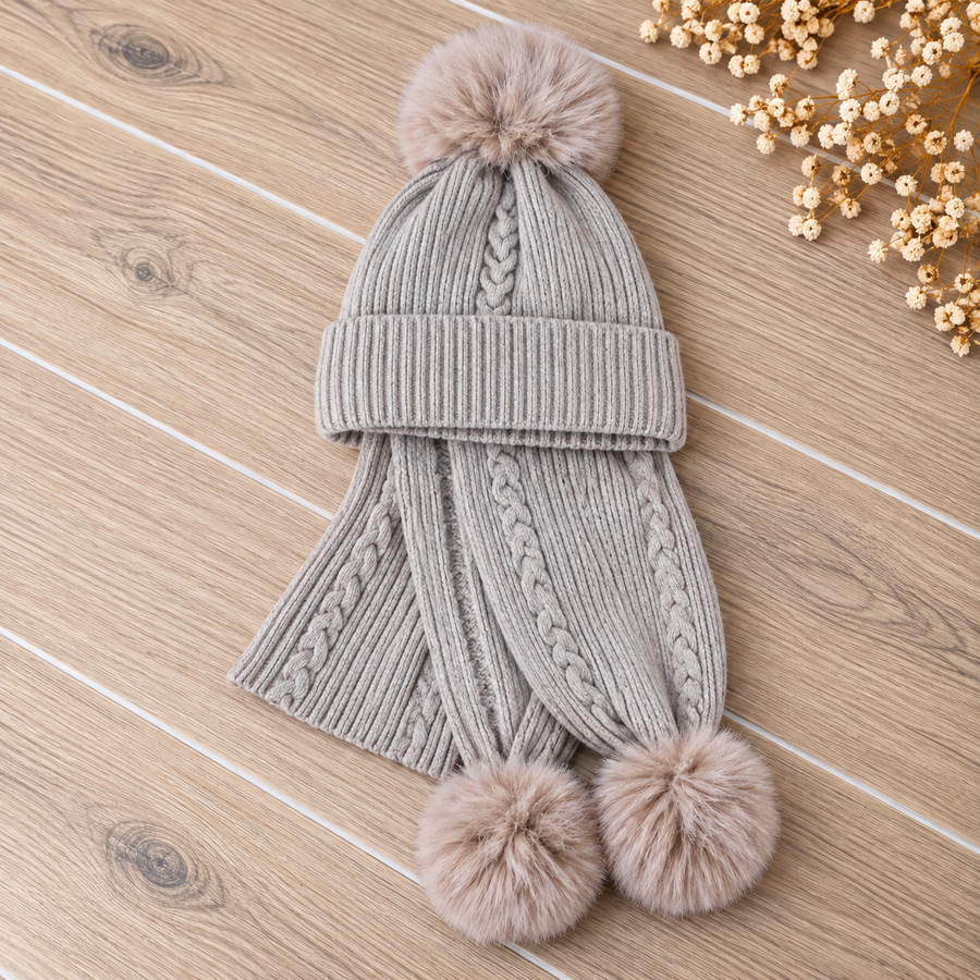 Kinder muts & sjaal – pompon beige