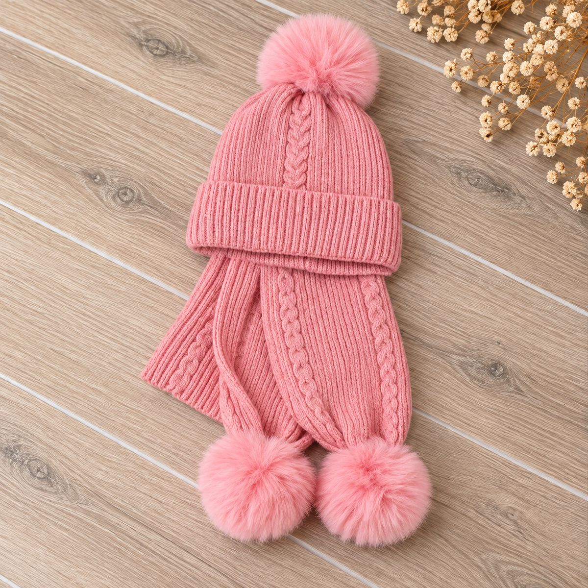 Kinder muts & sjaal – pompon roze
