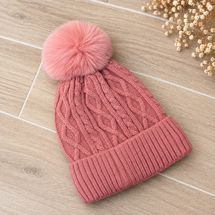 Kinder muts - roze pompon
