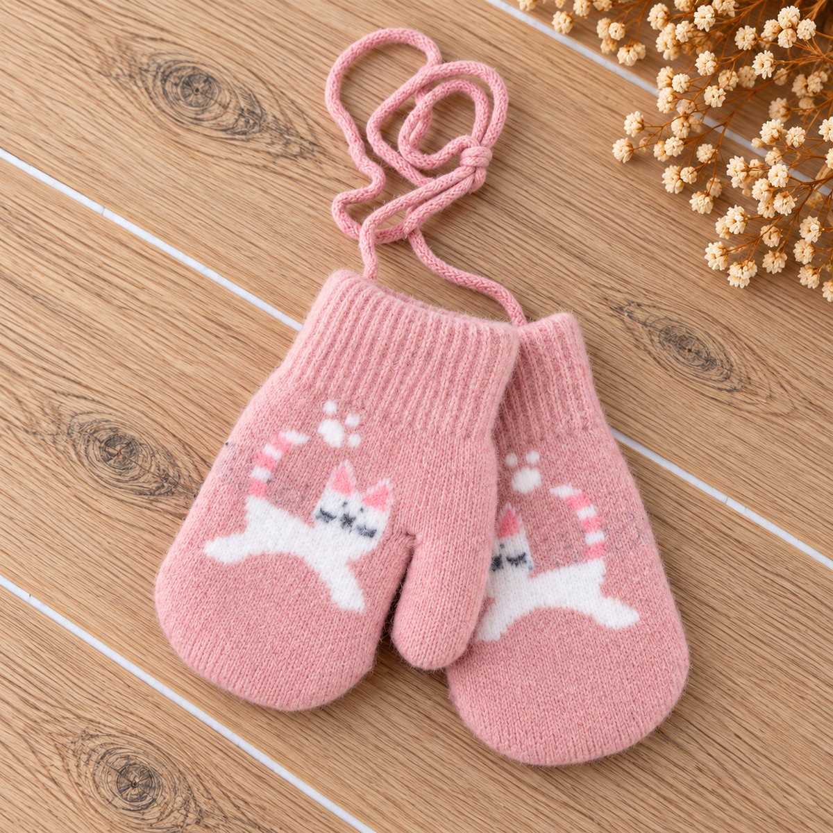 kinder handschoenen met touwtjes - kat roze